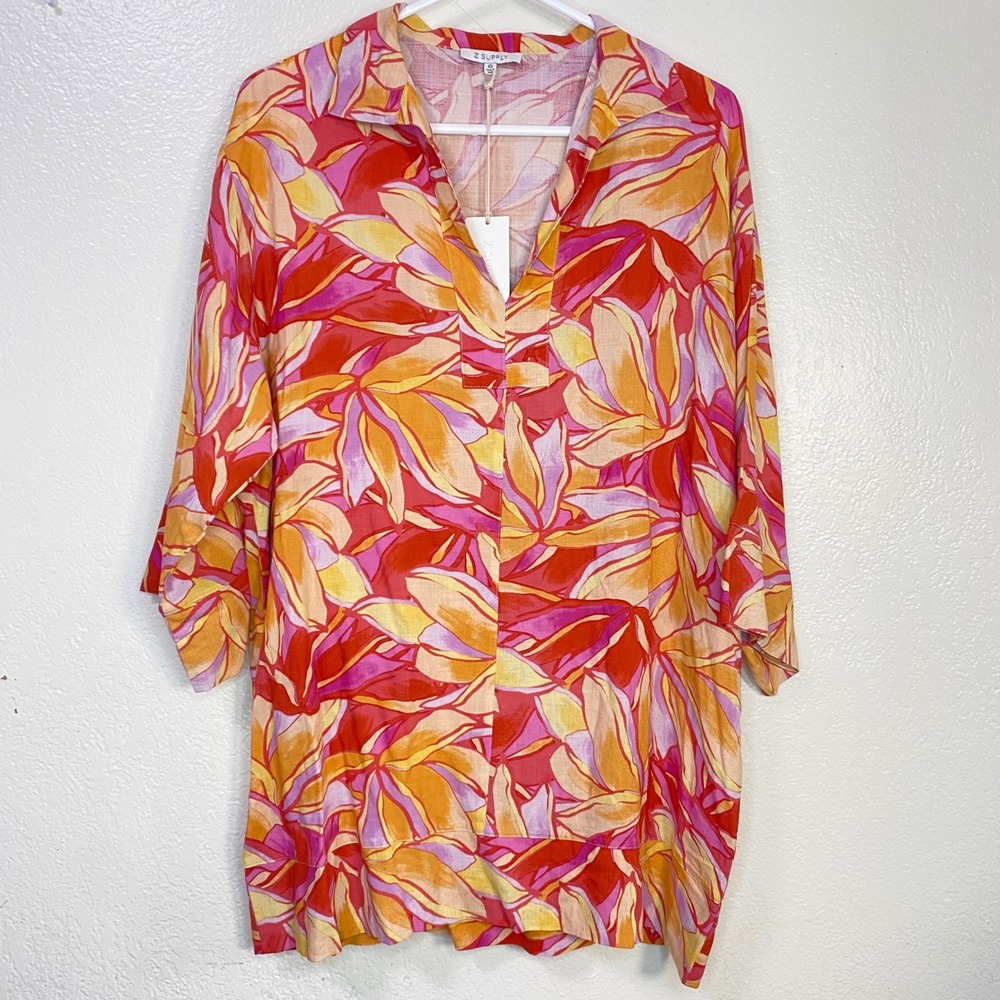 Z Supply Mallory‎ Stained Glass Tropical Floral Linen Blend Coverup Dress XS NWT
